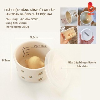 Hũ sứ, thố sứ chia vạch 250ml kèm 2 nắp đậy sứ và silicon chịu nhiệt Misan