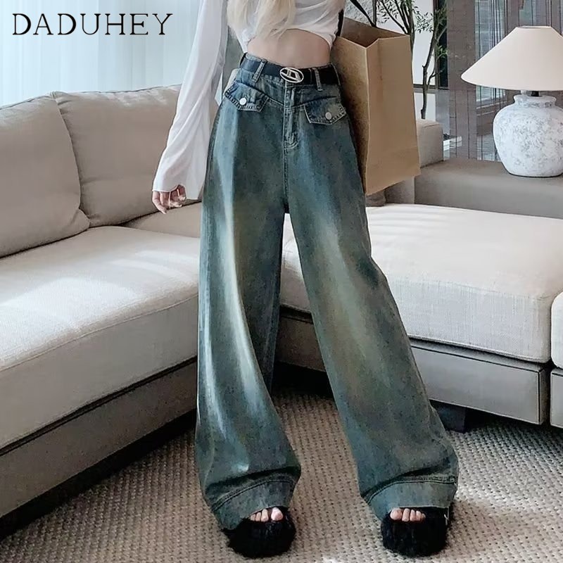 Ảnh DaDuHey New American Ins High Street Washed Jeans Niche High Waist Loose Wide Leg Pants Large Size Trousers 2