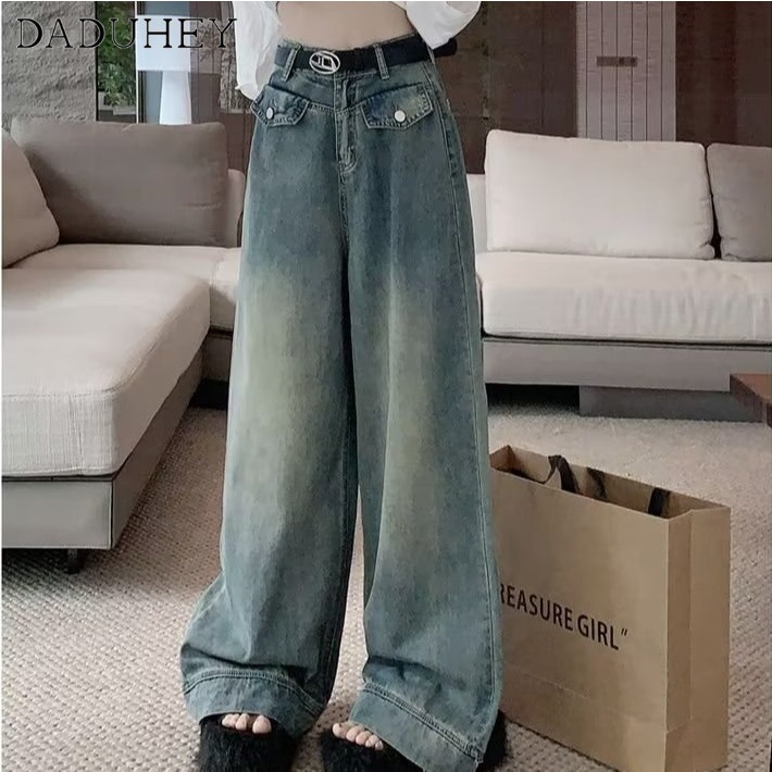 Ảnh DaDuHey New American Ins High Street Washed Jeans Niche High Waist Loose Wide Leg Pants Large Size Trousers 3