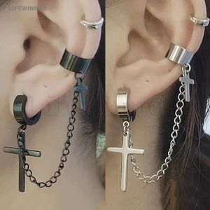 Khuyên Tai Dạng Hạt Phối Dây Xích Đôi / Hình Thánh Giá Bằng Thép Không Gỉ Phong Cách Punk Gothic Cho Nam / Nữ