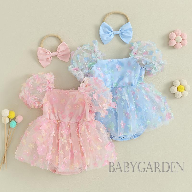 Bộ Áo Liền Quần Tay Phồng In Hoa 3d Kèm Băng Đô Cài Tóc Thời Trang Mùa Hè Cho Bé Gái