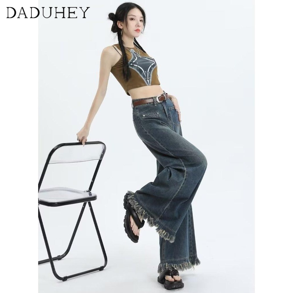 Ảnh DaDuHey New American Ins High Street Retro Raw Edge Jeans Niche High Ah Yo Loose Wide Leg Pants Trousers 4