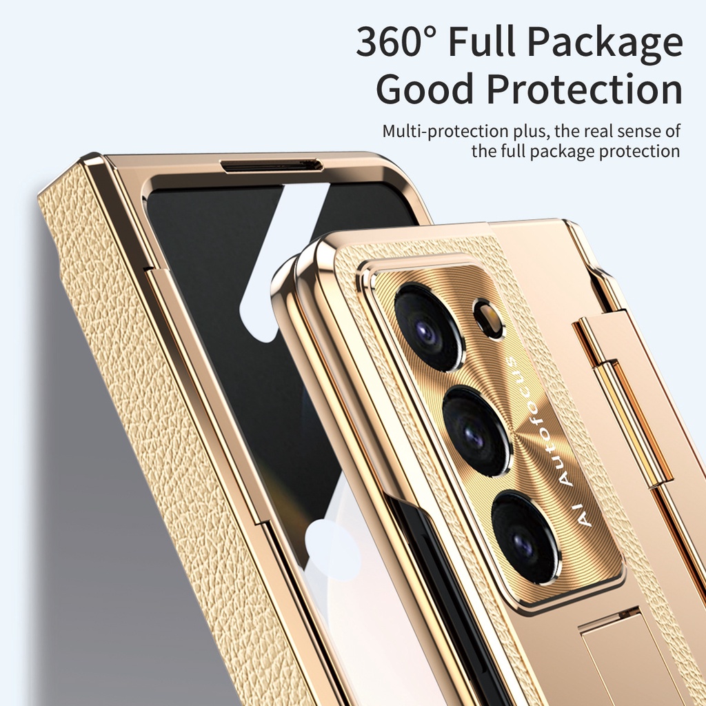 Ốp da mạ điện cho Samsung Galaxy Z Fold 5/4/6, bản lề chống rơi, bảo vệ, giá đỡ