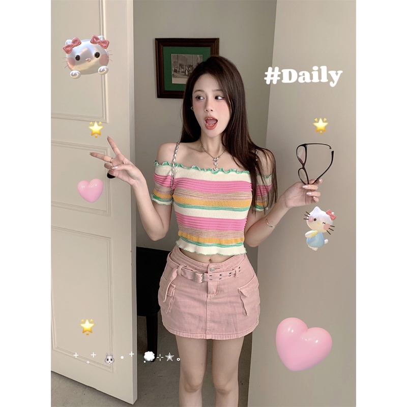 One Áo sweater Ngắn Tay Trễ Vai Họa Tiết Kẻ Sọc Màu Tương Phản Thời Trang edge