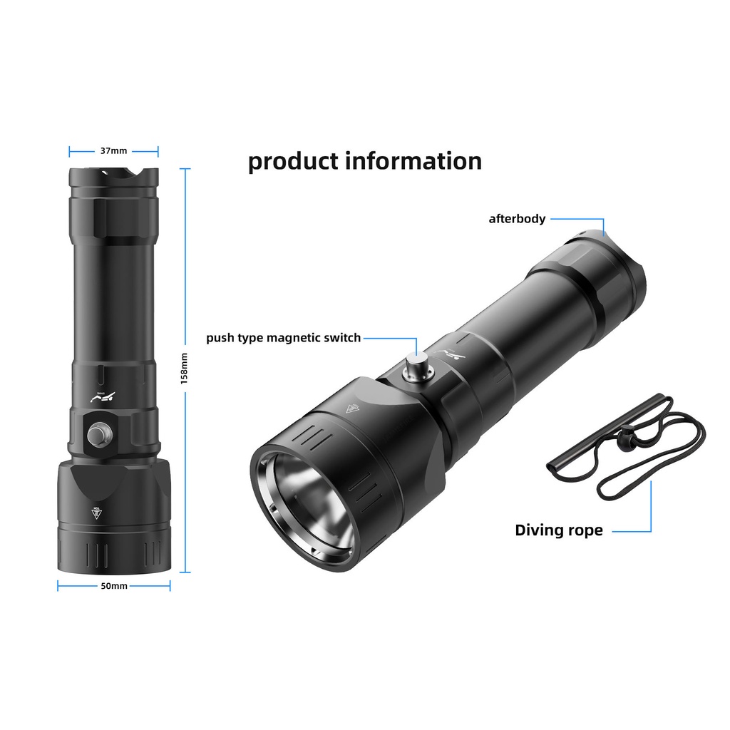 Puteer DV55 Mới P70 - Đèn Pin Lặn 3000 Lumens, Ánh Sáng Trắng, Điều Khiển Từ Tính, Độ Sáng Cao