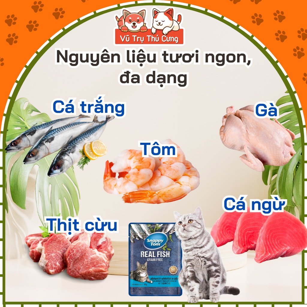 Combo 12 Gói Pate Mèo Snappy Tom Real Fish, Real Meat 85g
