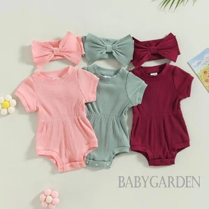 Bộ Áo Liền Quần Tay Ngắn Màu Trơn Kèm Băng Đô Cài Tóc Thời Trang Mùa Hè Xinh Xắn Cho Bé Gái