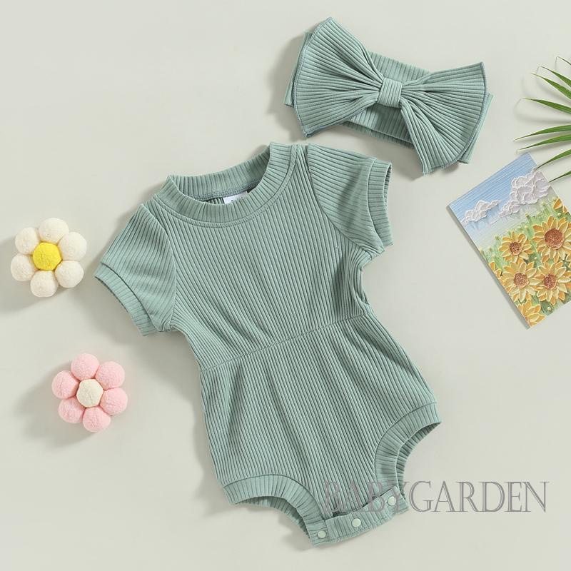 Bộ Áo Liền Quần Tay Ngắn Màu Trơn Kèm Băng Đô Cài Tóc Thời Trang Mùa Hè Xinh Xắn Cho Bé Gái