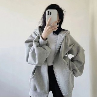 Áo khóa nỉ hoodie dày màu xám form rộng