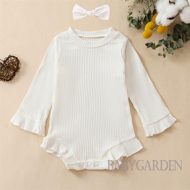Bộ Áo Liền Quần Tay Dài Cổ Tròn Màu Trơn Kèm Băng Đô Cài Tóc Xinh Xắn Cho Bé Gái 0-12 Tháng Tuổi