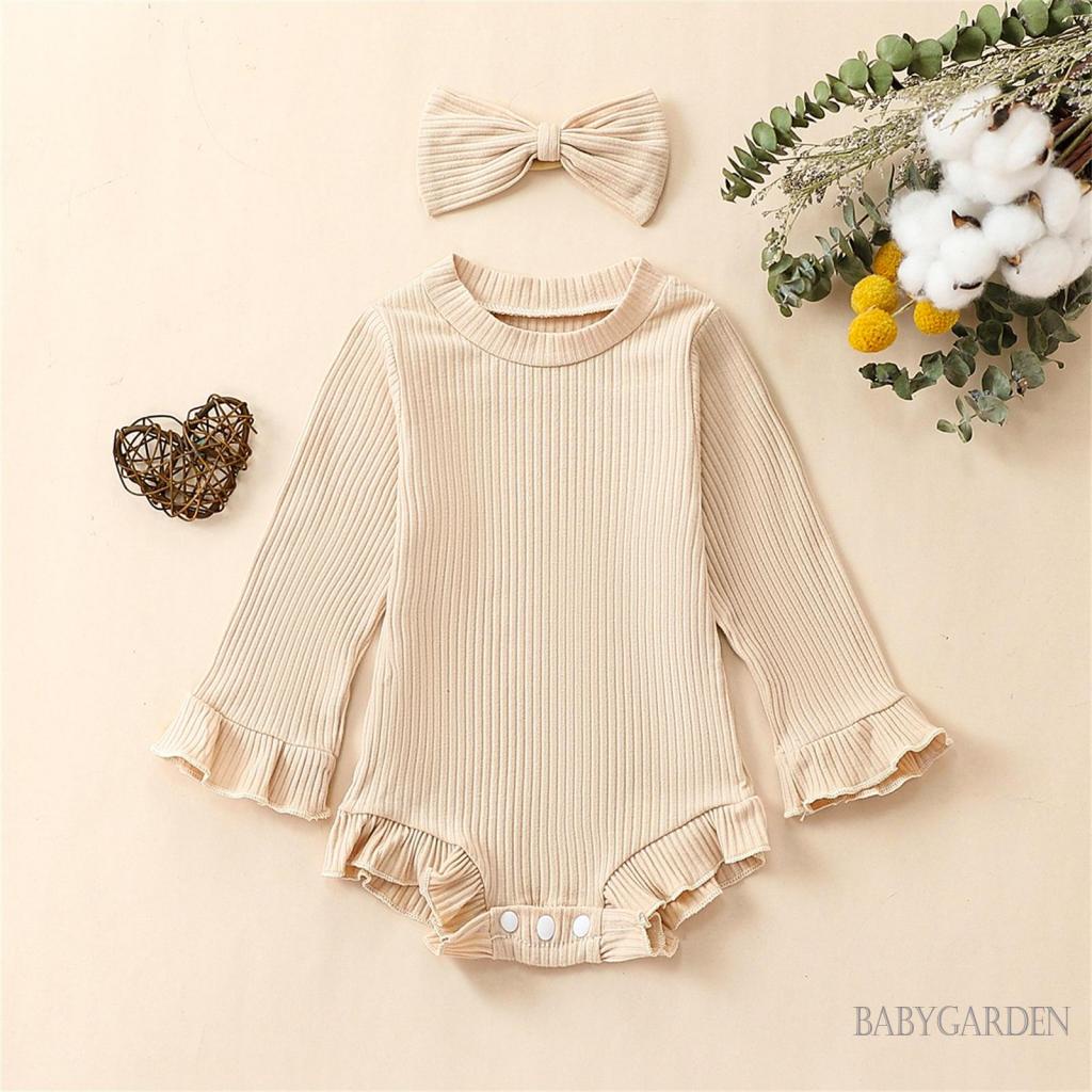 Bộ Áo Liền Quần Tay Dài Cổ Tròn Màu Trơn Kèm Băng Đô Cài Tóc Xinh Xắn Cho Bé Gái 0-12 Tháng Tuổi
