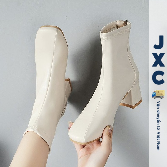 JINxCHOY SHOES Giày Bốt Da PU Cao Gót 6CM Mũi Vuông Phối Khóa Kéo Sau Thời Trang Chống trượt thời trang thoải mái khởi động ngắn khởi động khí chất khởi động