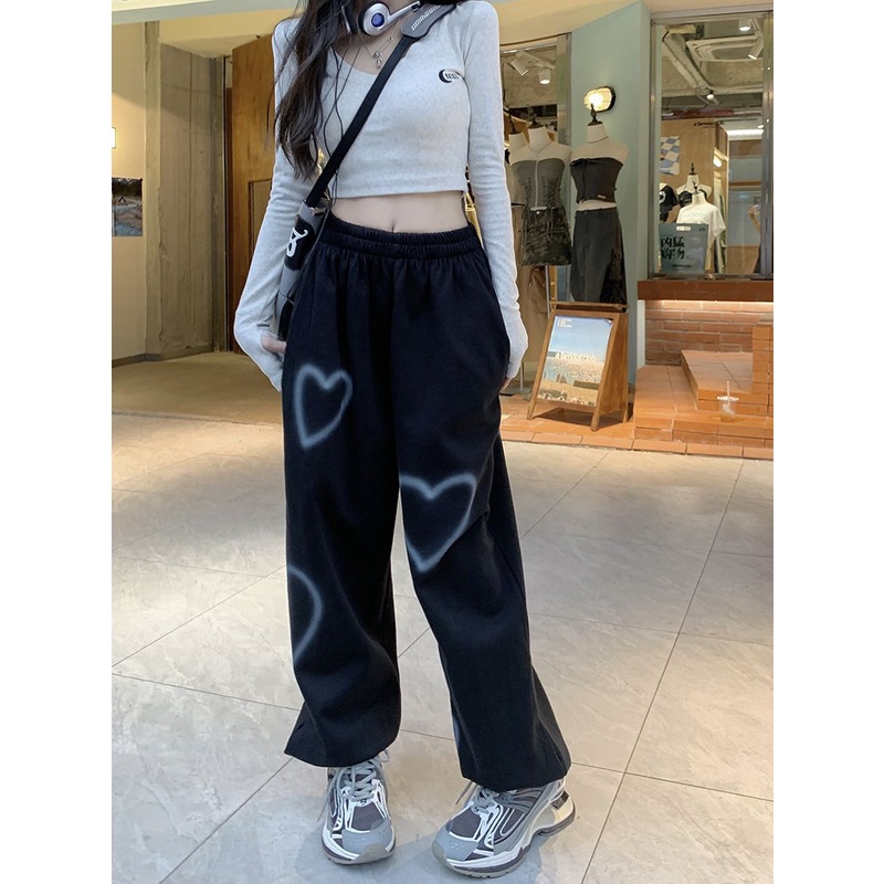 Milyfashion Quần ống rộng in họa tiết trái tim, phong cách ngọt ngào năng động, quần thể thao nữ màu trắng