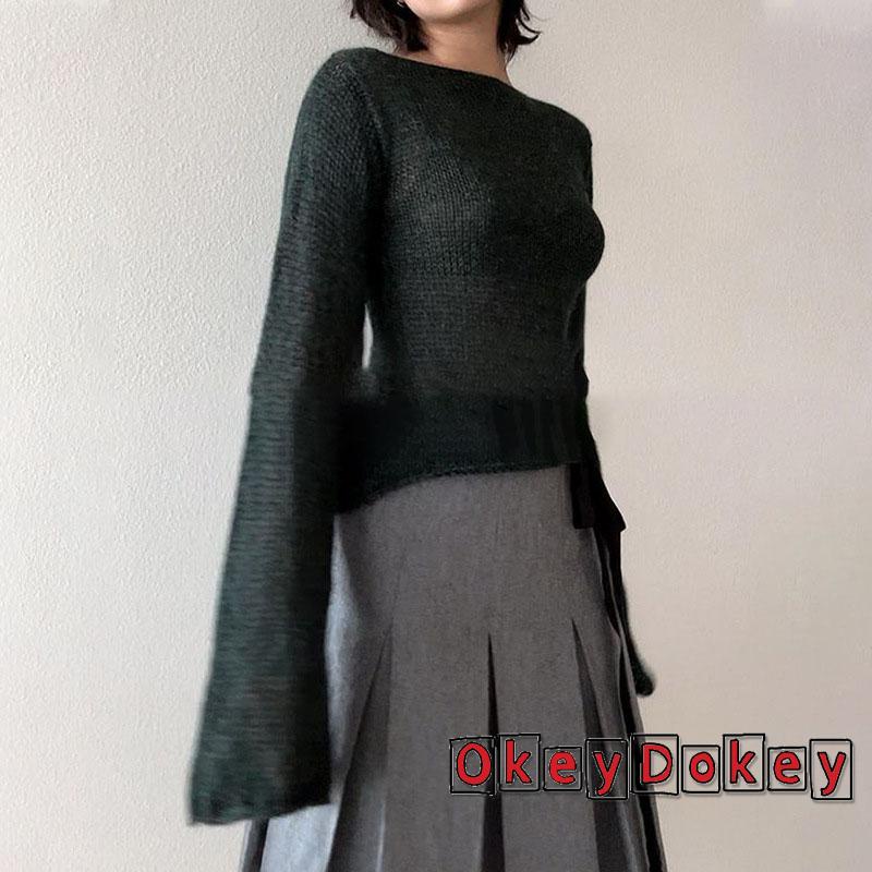 Áo Sweater Dệt Kim Tay Dài Màu Trơn Cổ Thuyền okdk-y2k Thắt Nơ Sau Lưng Cho Nữ