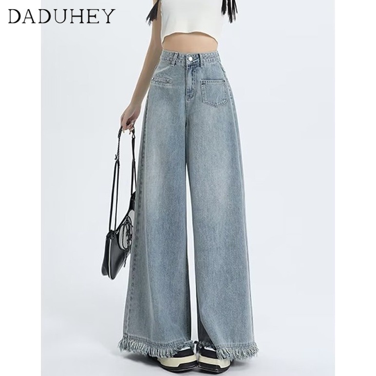 Ảnh DaDuHey New American Ins High Street Retro Raw Edge Jeans Niche High Waist Loose Wide Leg Pants Trousers 2