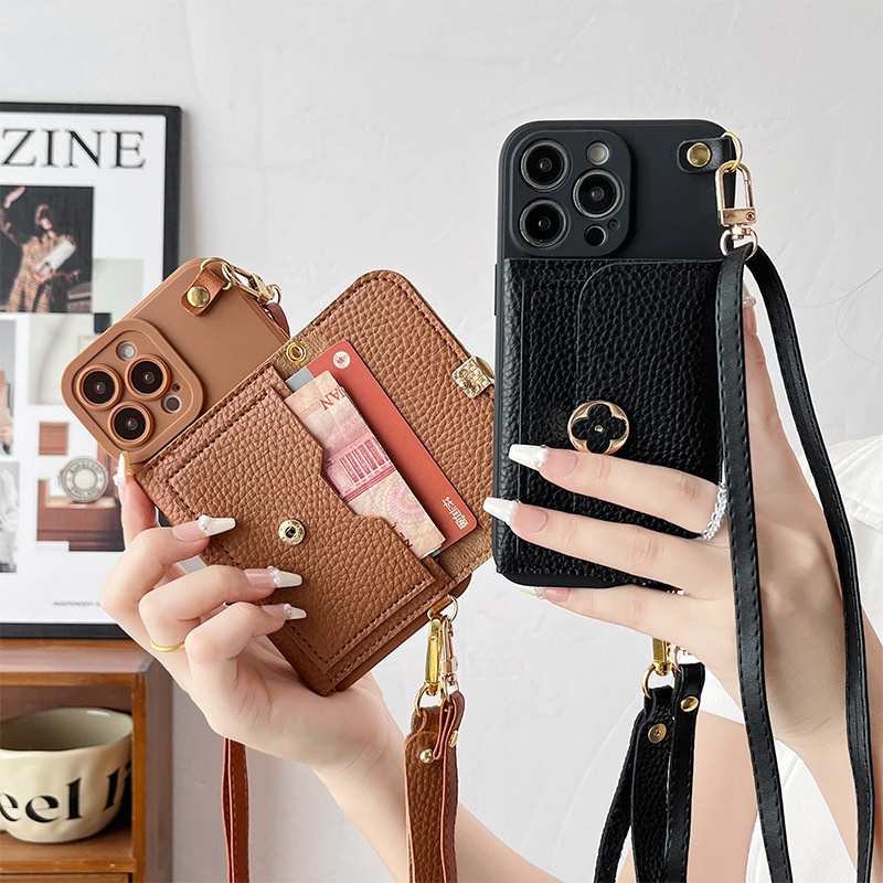 Đeo Ngang Dây Đeo Cổ Tay Da Ốp Lưng Điện Thoại IPhone 13 12 Mini 14 15 16 Pro Max Plus SE 2020 Ví Đựng Thẻ Bao