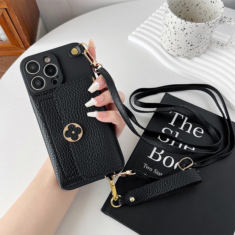 Đeo Ngang Dây Đeo Cổ Tay Da Ốp Lưng Điện Thoại IPhone 13 12 Mini 14 15 16 Pro Max Plus SE 2020 Ví Đựng Thẻ Bao
