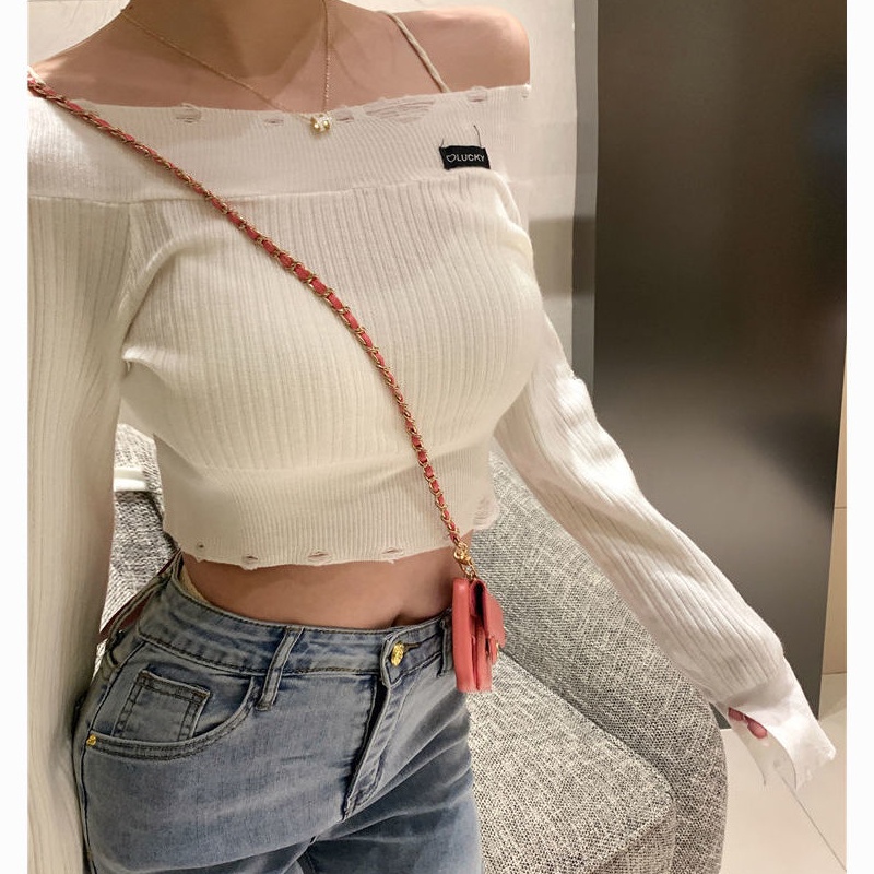 Milyfashion Hồng Kông Hương Vị Cao Cấp Crop Ngắn Tay Dài Dệt Kim Không Đều Rách Tua Rua Ngắn Top Bé tee