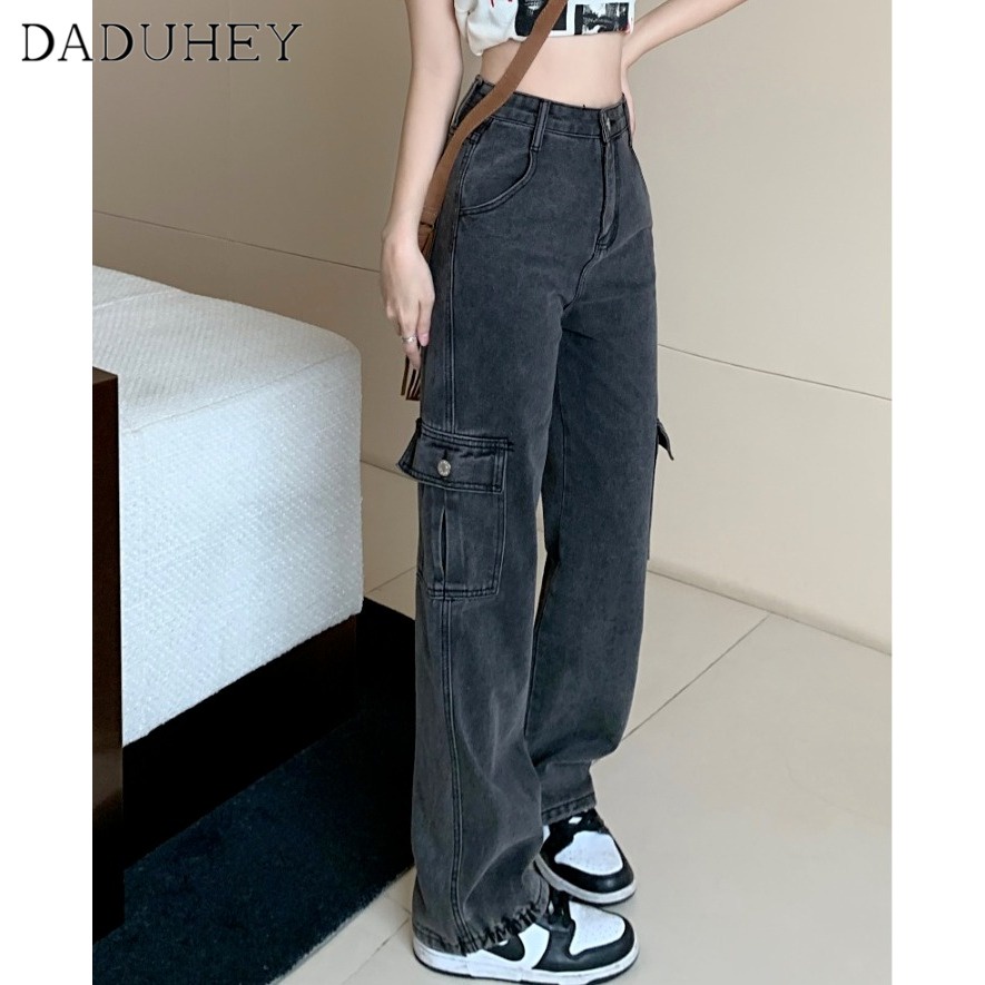 Ảnh DaDuHey New American Ins High Street Retro Multi-pocket Workwear Jeans Niche High Waist Wide Leg Pants Trousers 3