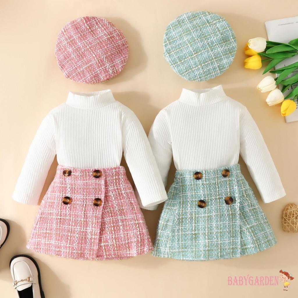 Baga-3 Bộ Trang Phục Mùa Thu Cho Bé Gái 6 Tháng-5 Tuổi Áo Dài Tay Sườn Màu Trơn + Váy Họa Tiết Tweed Kẻ Sọc + Mũ Nồi