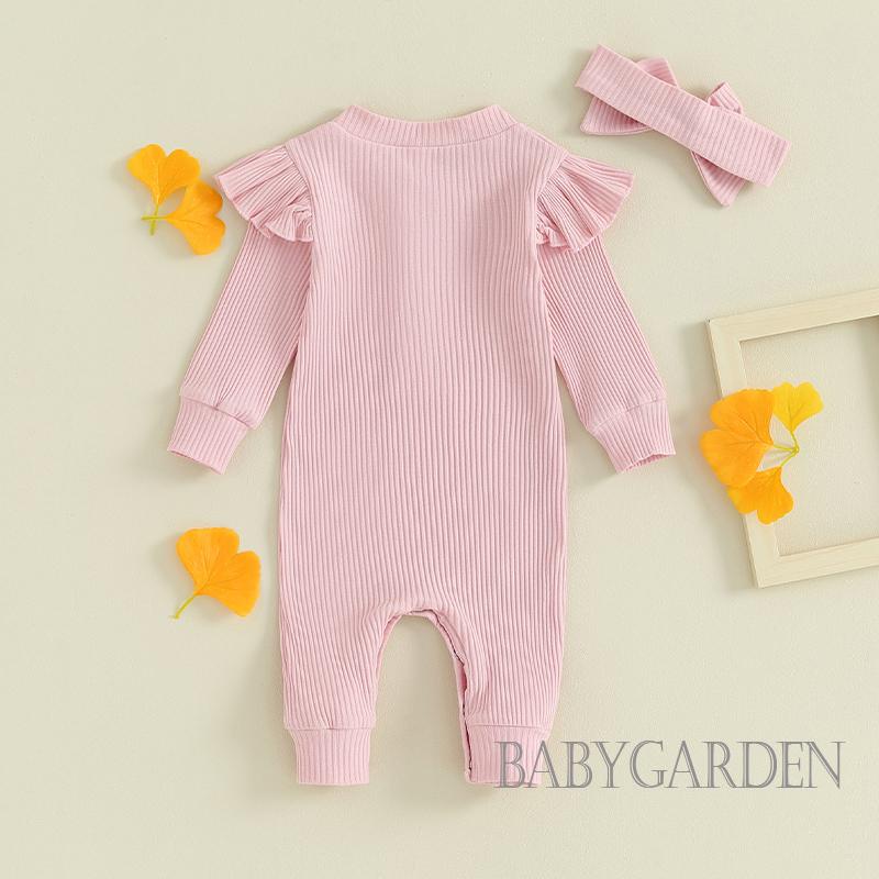Bộ Áo Liền Quần Tay Dài Cổ Tròn Màu Sắc Trơn Kèm Băng Đô Cài Tóc Xinh Xắn Cho Bé Gái