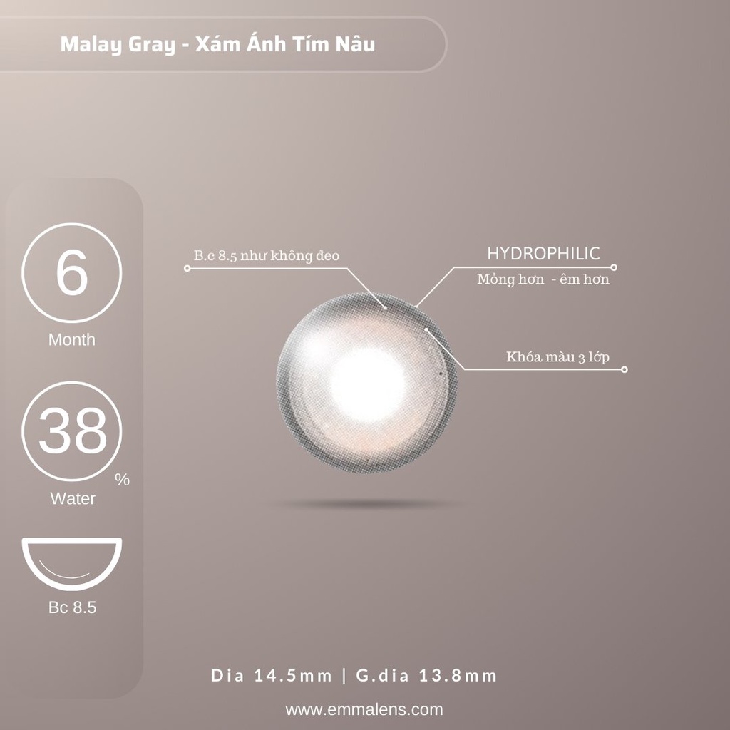 Kính áp tròng Malay Gray không I-On | Lens xám ánh tím rêu giãn to | Emma Lens