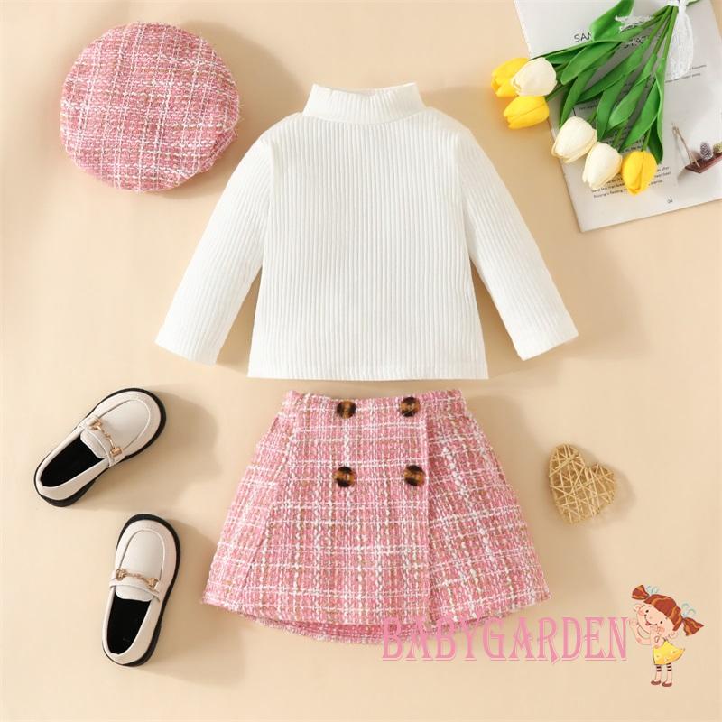 Baga-3 Bộ Trang Phục Mùa Thu Cho Bé Gái 6 Tháng-5 Tuổi Áo Dài Tay Sườn Màu Trơn + Váy Họa Tiết Tweed Kẻ Sọc + Mũ Nồi