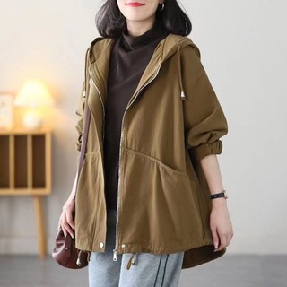 Áo Khoác Gió Dáng Rộng Có Mũ Trùm Thời Trang Xuân Thu 2023 Kiểu Mới Cho Nữ Trung Niên