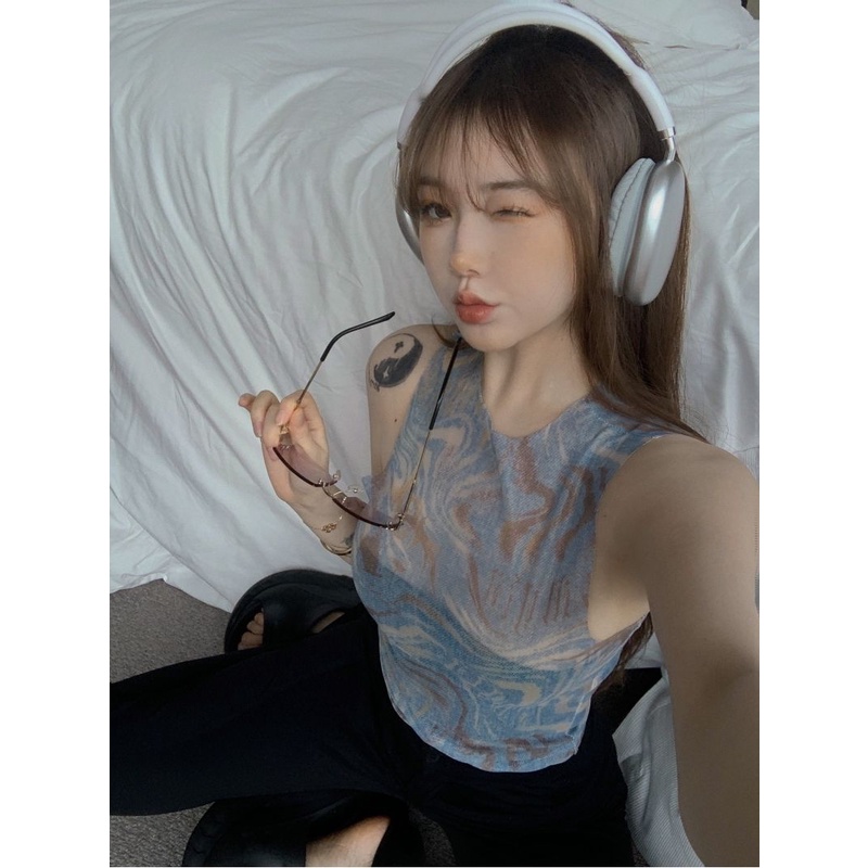 Milyfashion Skinny Mỏng Hơn Nhìn Xuyên Qua Lưới Mỏng Bên Trong Mặc Bên Ngoài Chặt Không Tay Sling
