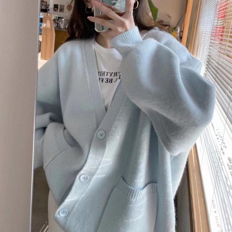 Áo Khoác cardigan Dệt Kim Dáng Rộng Cổ Chữ v Thời Trang Thu Đông Hàn Quốc Mới áo sweater áo len nữ
