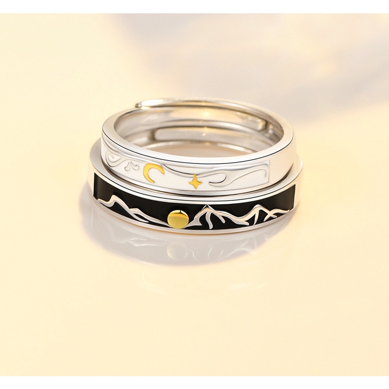 Nhẫn Hở Mạ Bạc 925 Hình Mặt Trăng / Mặt Trời Thời Trang Độc Đáo Có Thể Điều Chỉnh Cho Cặp Đôi