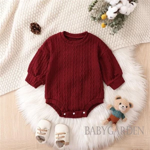 Bộ Áo Liền Quần Dệt Kim Tay Dài Cổ Tròn Màu Sắc Đơn Giản Cho Bé Gái