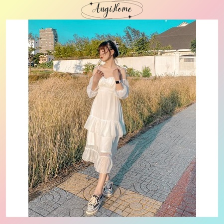 VÁY TRẮNG MIDI 2 DÂY TAY DÀI PHỐI VOAN CÚP NGỰC ANGIHOME