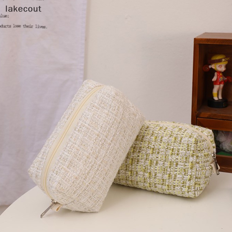 Lat Túi Đựng Mỹ Phẩm / Đồ Trang Điểm / Bút Chì Kẻ Sọc Caro Màu Đen Bằng Vải canvas Dễ Thương Dùng Khi Đi Du Lịch