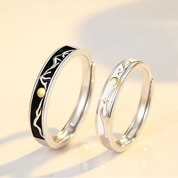 Nhẫn Hở Mạ Bạc 925 Hình Mặt Trăng / Mặt Trời Thời Trang Độc Đáo Có Thể Điều Chỉnh Cho Cặp Đôi