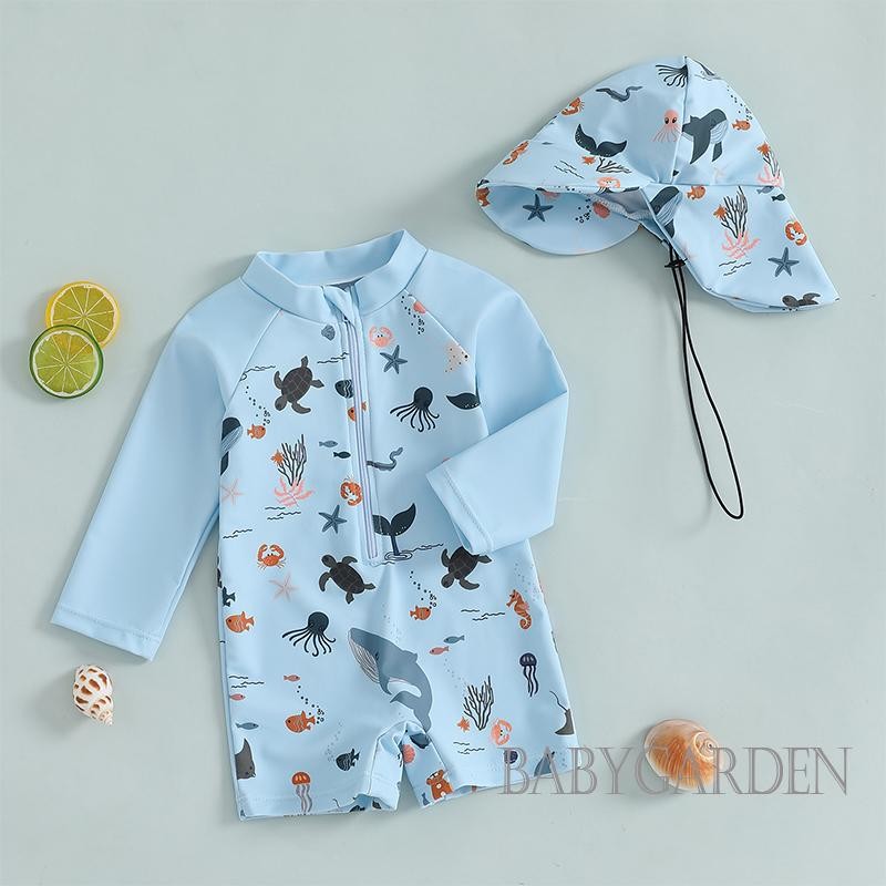 / / 0-3 Tuổi Bé Trai Dài Tay Đồ Bơi Và Mũ Thường Ngày In Hình Động Vật Hàng Hải Dây Kéo Rash Guard Đồ Đi Biển Bộ Đồ Tắm