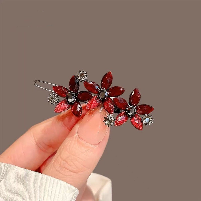 MAUROPOLI [Sẵn Sàng] Phụ Kiện Tóc Đỏ Năm Mới Kim Cương Giả Cao Cấp Hoa Kẹp Tóc Nữ Nổ Bên Kẹp Ếch Khóa Kẹp Phẳng