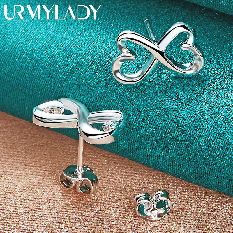 URMYLADY Bạc 925 Trái Tim Nơ Bông Tai Dành Cho Nữ Trang Sức Đính Hôn Thời Trang