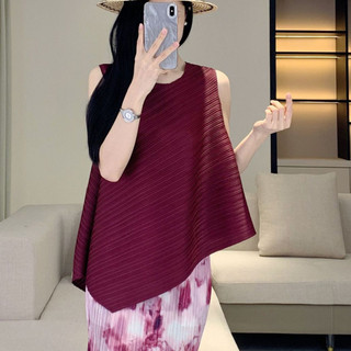Miyake áo thun xếp ly cho nữ, thời trang sang trọng mùa hè với thiết kế đơn giản cổ tròn màu trơn