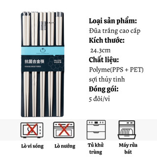 Set 5 đôi đũa ăn cơm trắng bạc chất liệu sợi thủy tinh không mốc kháng khuẩn chịu nhiệt cao cấp