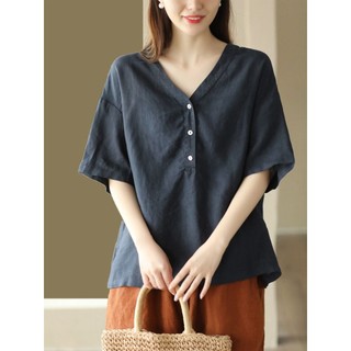Áo sơ mi ngắn tay dáng rộng cổ chữ V