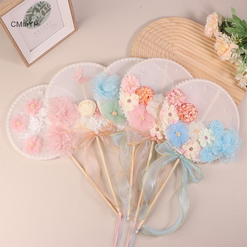 Cyinyp Tay Cầm Dài Trung Quốc Quạt Tròn Vải Hoa Bướm Cô Dâu Đồ Dùng Cưới Đạo Cụ Chụp Ảnh Trang Trí Nhà Cửa Ornamen Glory