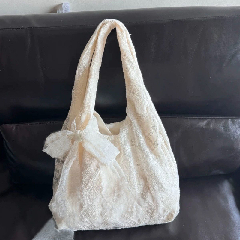 Túi đeo vai vải canvas trang trí nơ ren phiên bản Hàn Quốc