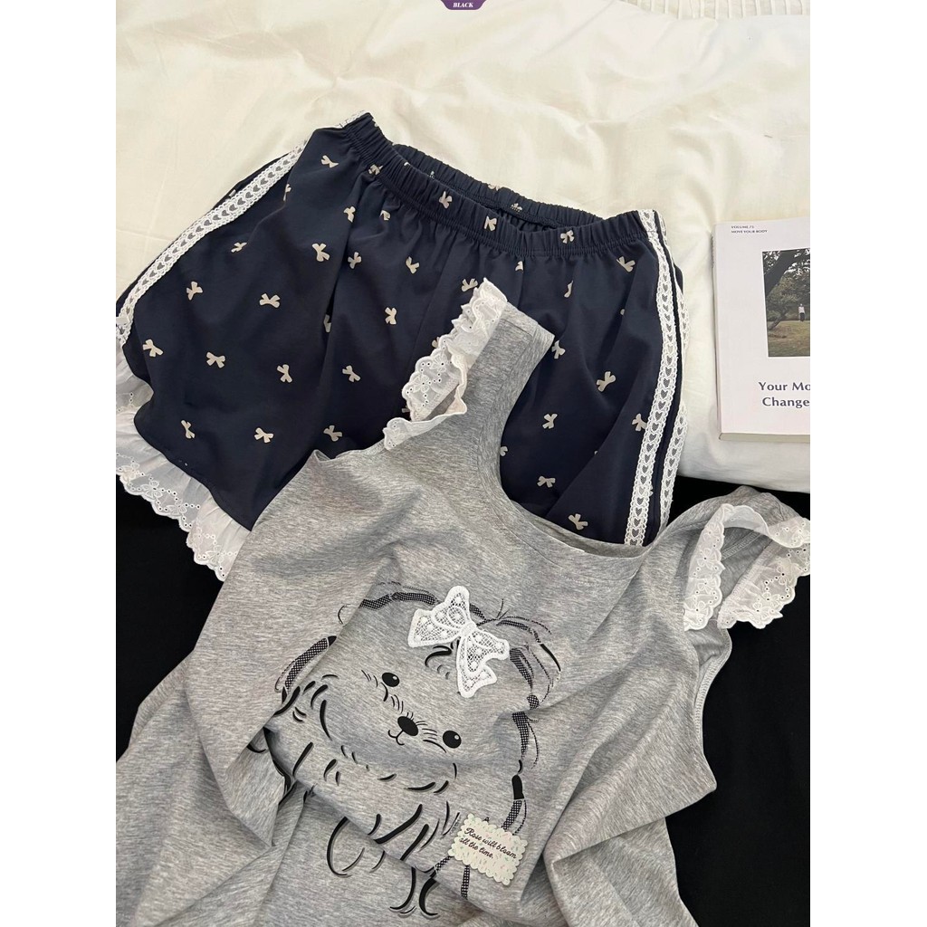 Bộ đồ ngủ nữ áovest quần short kiểu chó con tóc xoăn hoạt hình, mới 2025, phù hợp ngày thường [BL]