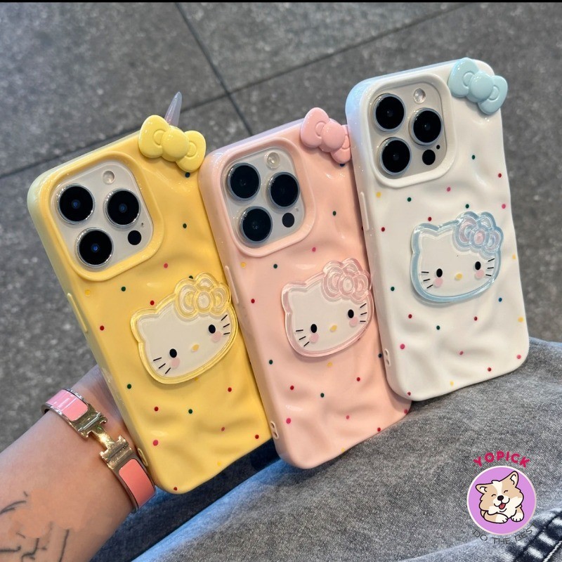 Thích Hợp Cho IPhone 16 15 14 13 12 11 Pro Max X XR XS Max 7 8 Plus Vỏ Điện Thoại 3D Mèo Dễ Thương Nơ Hoạt Hình Chấm Bi Vỏ Mềm ATW