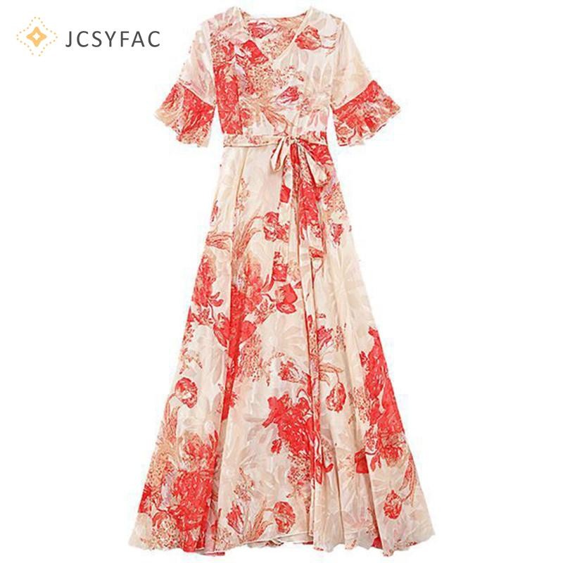 Jcsyfac 2022 Thanh Lịch Nữ Plus Kích Thước Boho Đi Biển Đầm Maxi Hoa Voan Midi Sundress Mới