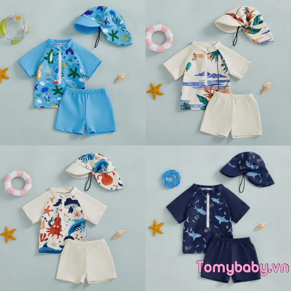 Bộ Đồ Bơi Bé Trai Mùa Hè In Hình Dễ Thương Dây Kéo Áo Tay Ngắn + Quần Bơi + Mũ Đồ Bơi