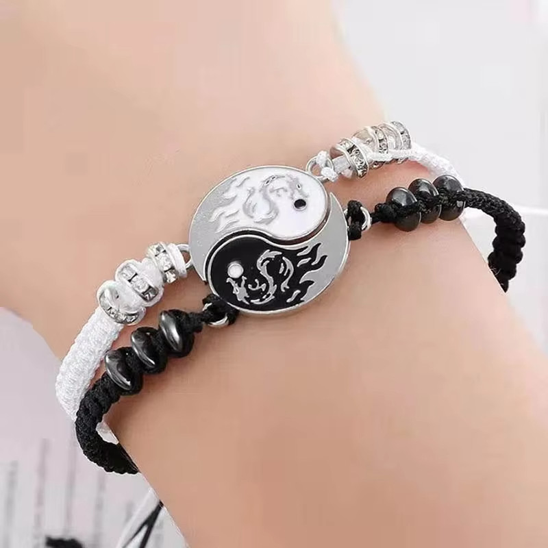 Âm Dương Thái Cực Quyền Vòng Tay Hợp Kim Điều Chỉnh Được - Phong Cách Trung Quốc, Đen Trắng, Unisex, Cặp Đôi