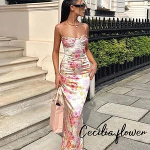 Nữ Mùa Hè Trượt Dài Đầm Gợi Cảm Không Tay Hoa Ôm Vừa Vặn Đầm Đi Biển Dự Tiệc