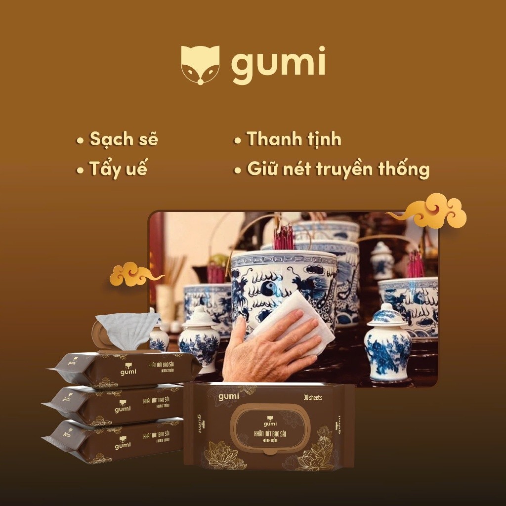 Gói Khăn ướt 30 tờ dùng để bao sái hương trầm Gumi mềm nhẹ nhàng làm sạch các vật phẩm thờ cúng